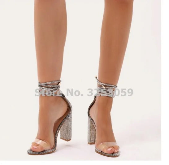 ALMUDENA Bling Bling Crystal Champagne Gold Chunky Heels Sandals Lace-up Rose Gold Heels Clear PVC Wedding Pumps Glitter