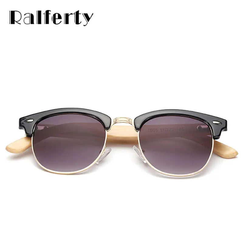 Ralferty Semi-rimless Bamboo Sunglasses Women Men Wooden Temple Gradient Sun Glasses Sport Goggles Shades UV400 Eyewear K1509