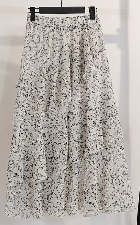 Casual Summer Skirts For Women New Loose Elastic High Waist Jupe Longue Femme Vintage Chiffon Ruffles Print Floral Pleated Skirt