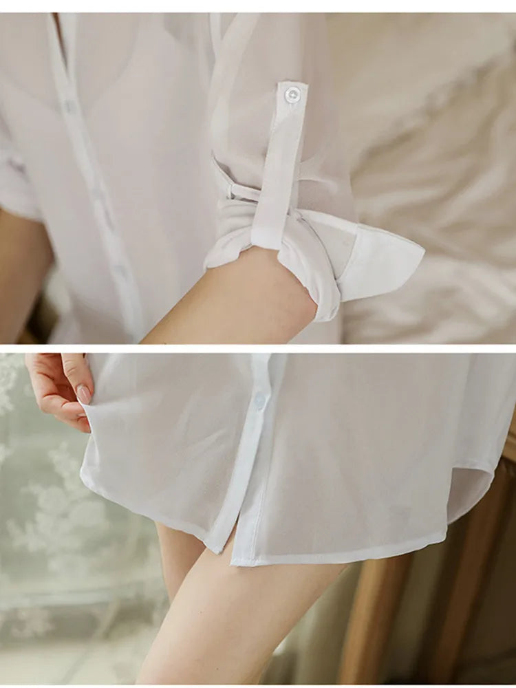 Loose Style Blouse Shirt Pink Sexy Sheer Women Loose Long Tops Chiffon Blouses Boyfriend Style Nightwear Lady Summer Clothes