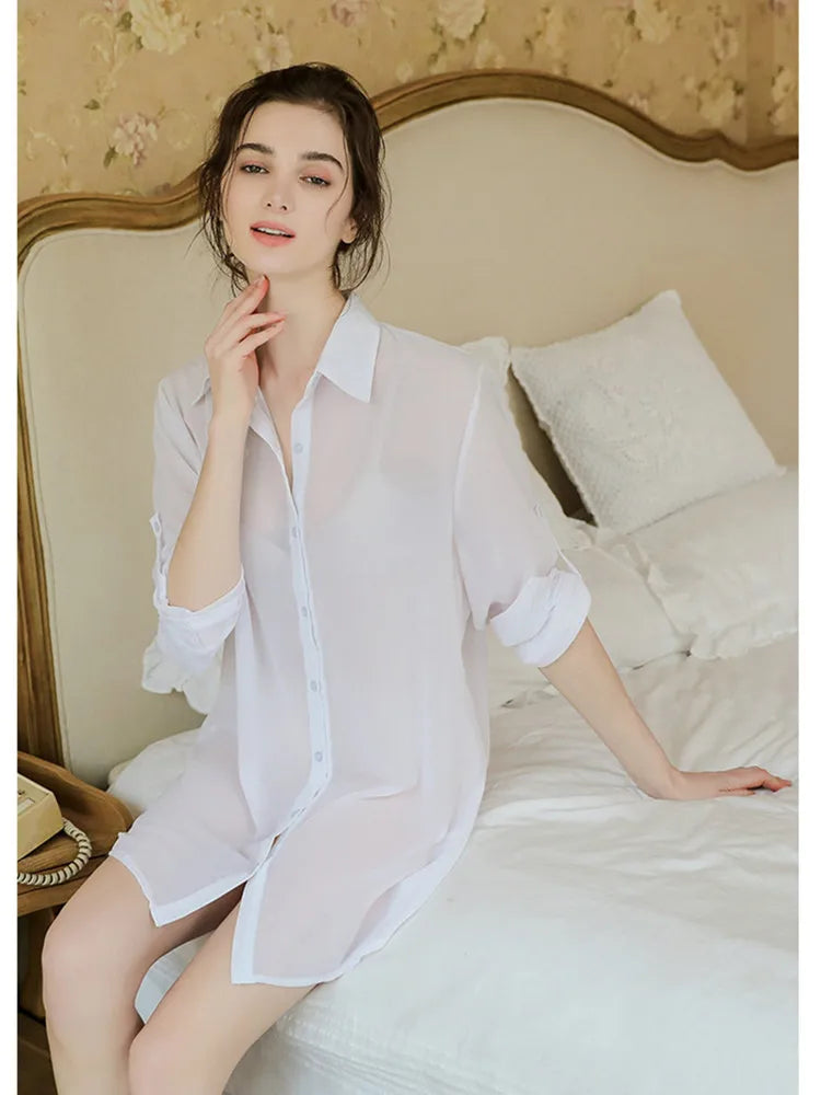 Loose Style Blouse Shirt Pink Sexy Sheer Women Loose Long Tops Chiffon Blouses Boyfriend Style Nightwear Lady Summer Clothes