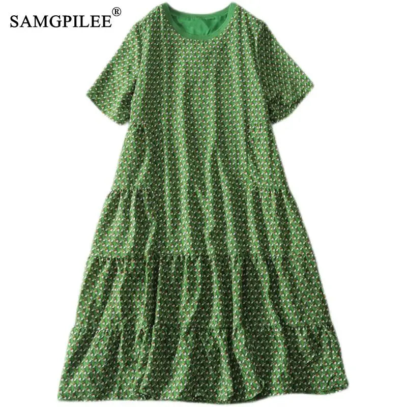 Summer Clothes For Women 2022 New Korean Style Fashion Thin Chiffon With Lining Printed Hem Pleated O Neck Woman Dress
