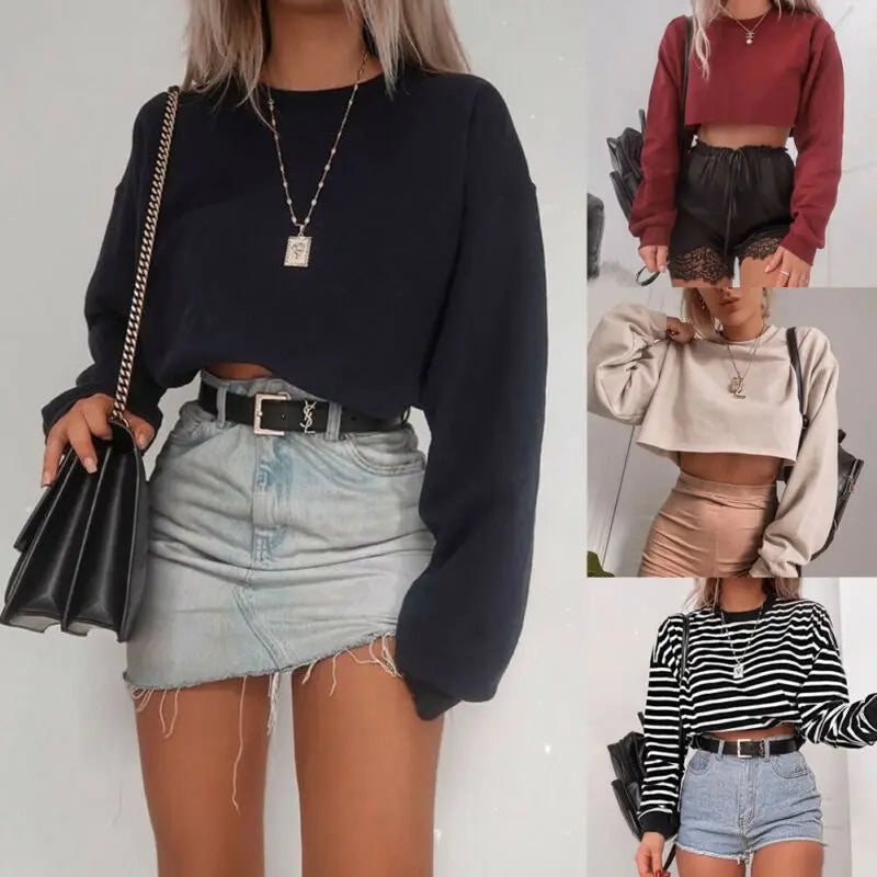 Autumn Fashion Women's Long Sleeve Crop Top T-Shirts Casual Women Loose Pullover Tops Spring Clothes Outdoor Short T-Shirt Suits