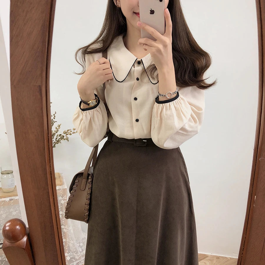 Blouses Women Leisure Spring Clothes Ulzzang Aesthetic Ins Charm Patchwork Peter Pan Collar All-match Chic Design Kawaii Popular