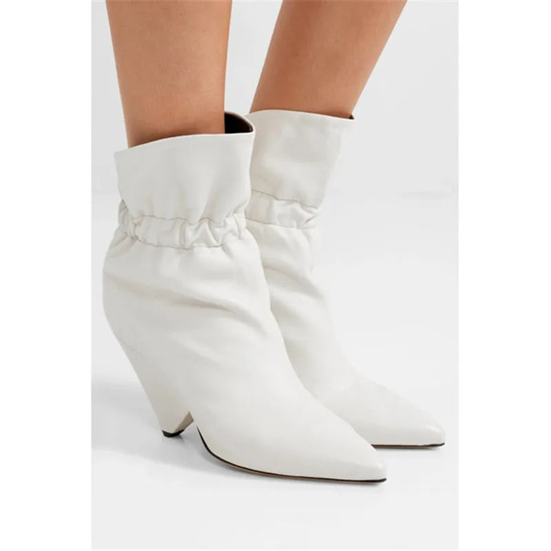 Designer Winter White Ankle Boots Women Sexy Spike Heels Pointed Toe Slip On Short Boots Runway High Heels Shoes Women Bota