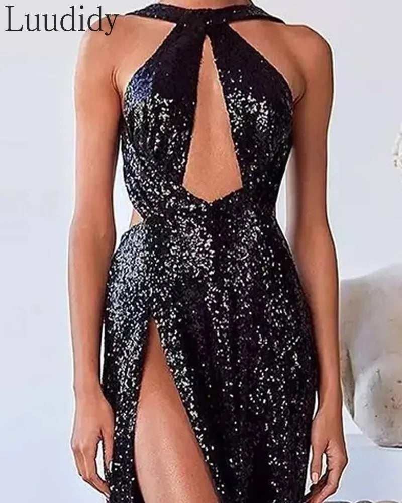 Women Sexy Cold Shoulder Backless High Slit Maxi Sequin Party Dress