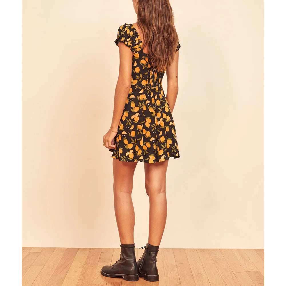 Summer Clothes For Women Dresses Ruffle Edge Sweetheart Neck Bow Tie Lemon Print Beach Dress Short Puff Sleeve Sexy Mini Dress