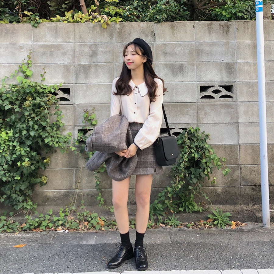 Blouses Women Leisure Spring Clothes Ulzzang Aesthetic Ins Charm Patchwork Peter Pan Collar All-match Chic Design Kawaii Popular