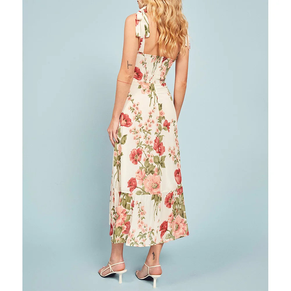 Summer Clothes For Women Boho Floral Print Beach Dress Sweetheart Neck Strap Tie Ruffle Hem Elegant Vintage Chiffon Midi Dress