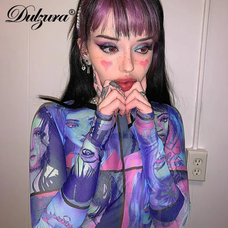 Dulzura mesh sheer women t shirt crop top Anime print long sleeve gloves patchwork bodycon sexy 2020 summer clothes party club