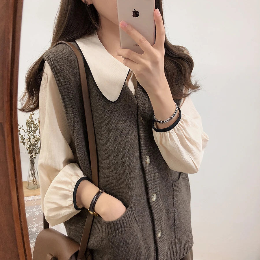 Blouses Women Leisure Spring Clothes Ulzzang Aesthetic Ins Charm Patchwork Peter Pan Collar All-match Chic Design Kawaii Popular