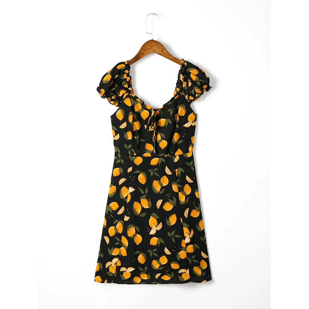 Summer Clothes For Women Dresses Ruffle Edge Sweetheart Neck Bow Tie Lemon Print Beach Dress Short Puff Sleeve Sexy Mini Dress