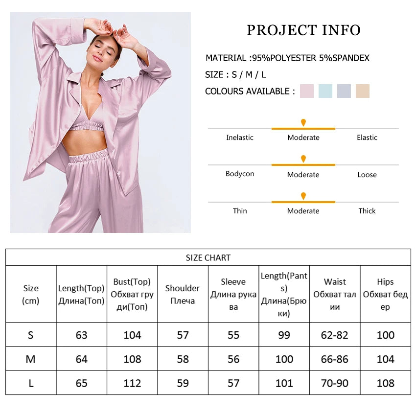 HiLoc Casual High Waist Trouser Suits Turn Down Collar Sleepwear Summer Clothes Women 2021 Casual Sets Long Sleeve Satin Nightie
