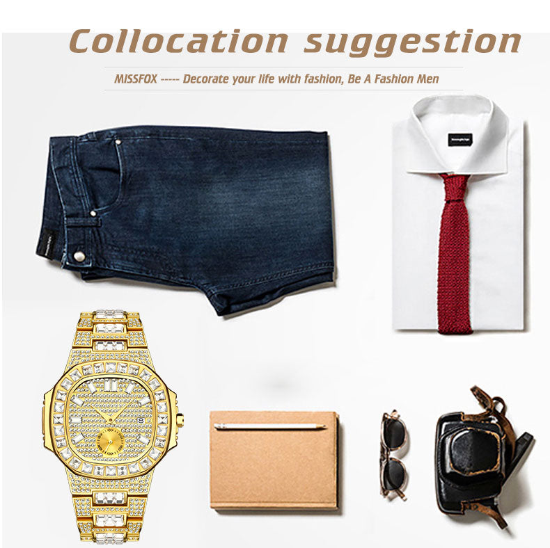 MISSFOX Luxury Men Watch Gold 18K Model Fully Paved Baguette Diamond Mens Watches Waterproof Calendar Male Clock Hours