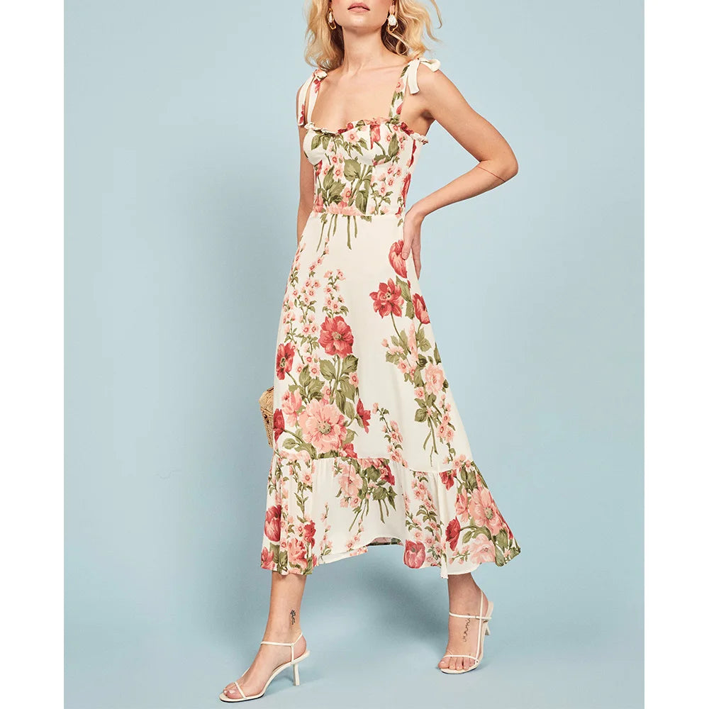 Summer Clothes For Women Boho Floral Print Beach Dress Sweetheart Neck Strap Tie Ruffle Hem Elegant Vintage Chiffon Midi Dress
