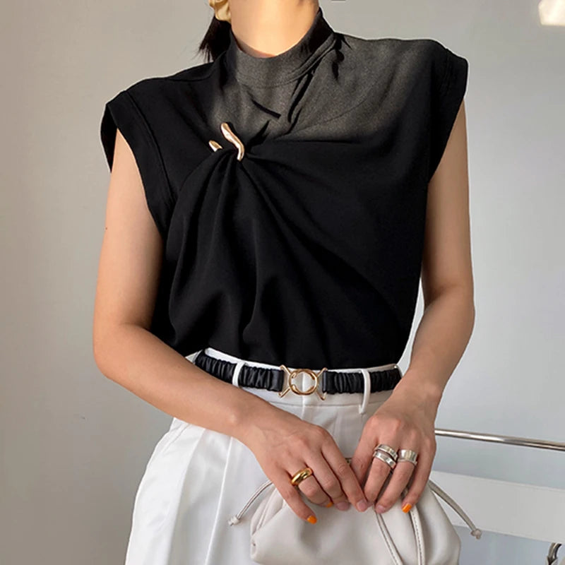 CHICEVER Casual Ruched Women's Tank Tops Stand Collar Sleeveless Irregular Large Size Loose Vests Female 2022 Summer Clothes New