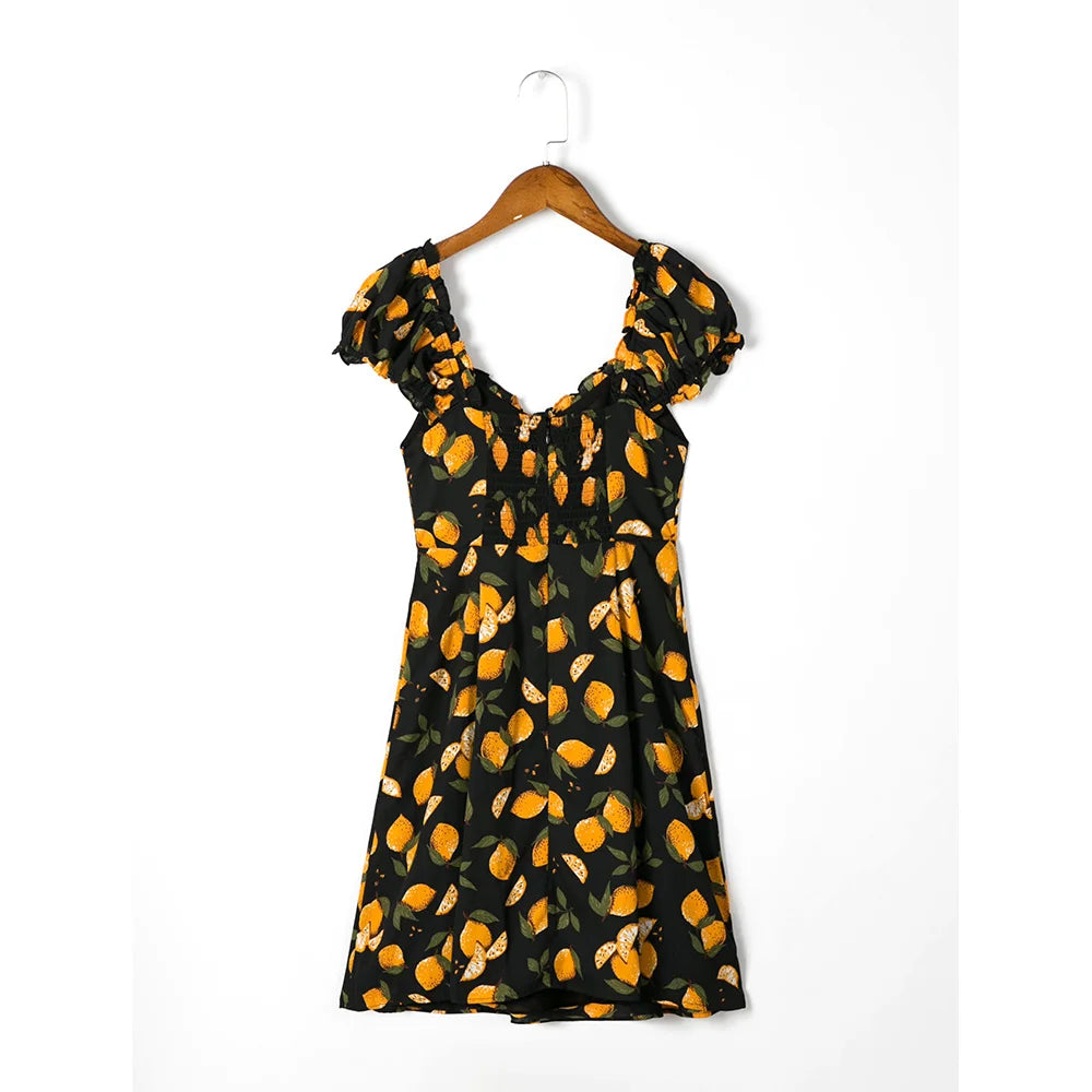 Summer Clothes For Women Dresses Ruffle Edge Sweetheart Neck Bow Tie Lemon Print Beach Dress Short Puff Sleeve Sexy Mini Dress