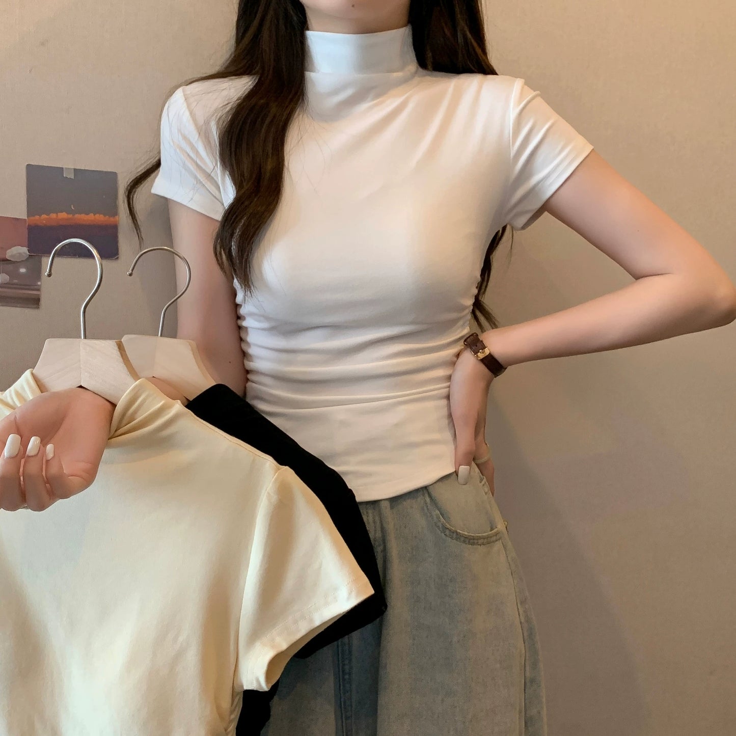Chubby Plus size Shoulder Short sleeve T-shirt Women Spring Half-high Collar Inner wear Bottoming Shirt Gyaru Slim fit Slimming Top