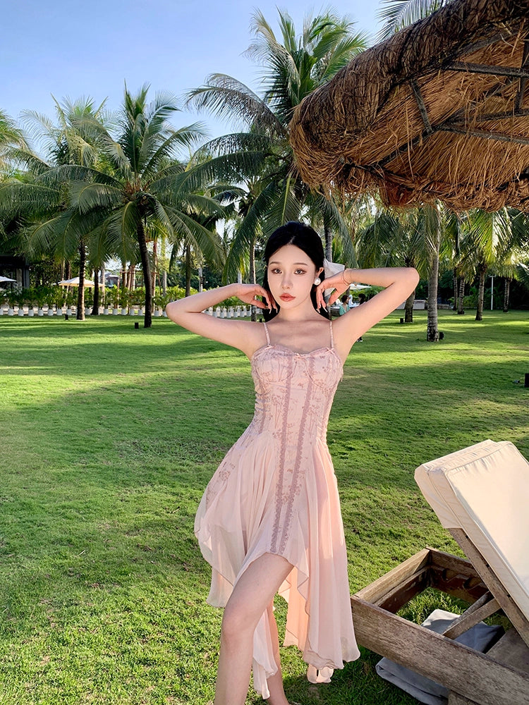 Chiffon Pink Irregular Dress Summer Sling