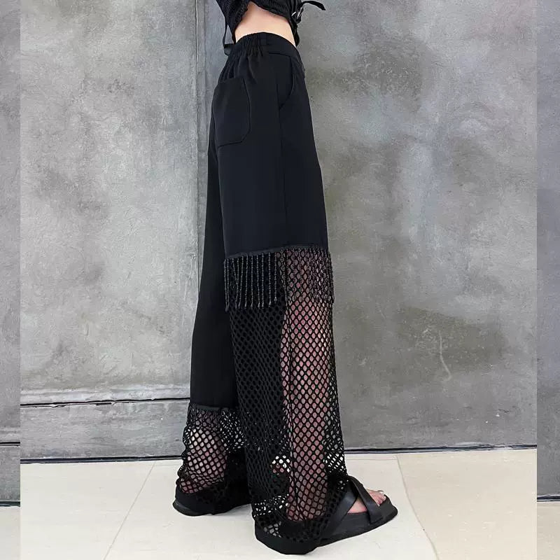 Plus Size 150.00kg Cut Out Mesh Loose Slim Looking Casual Pants Women's Summer Chubby Girl Pants Drooping Straight Wide Leg Pants Ins