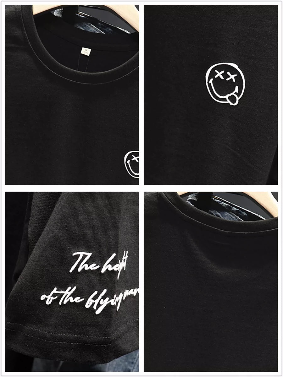 Fashion-Black Short Sleeve Large Size Cotton T-shirt Embroidery