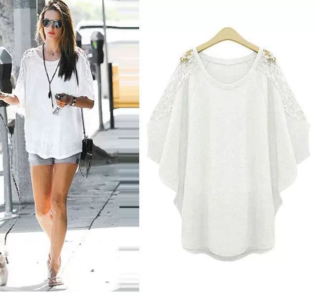 Extra Large Crocheted Cutout Loose Bat Lace T-shirt