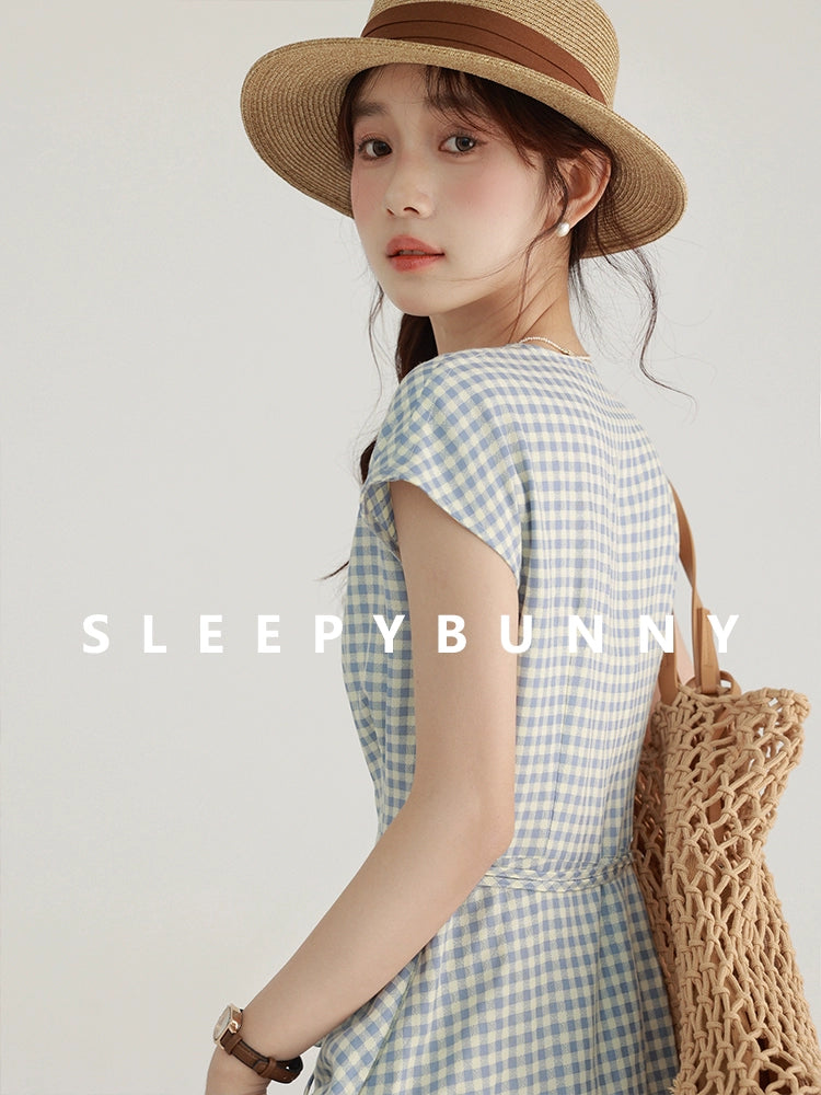 Sleepy Bunny Gingham Japanese-Style Retro Blue Dress