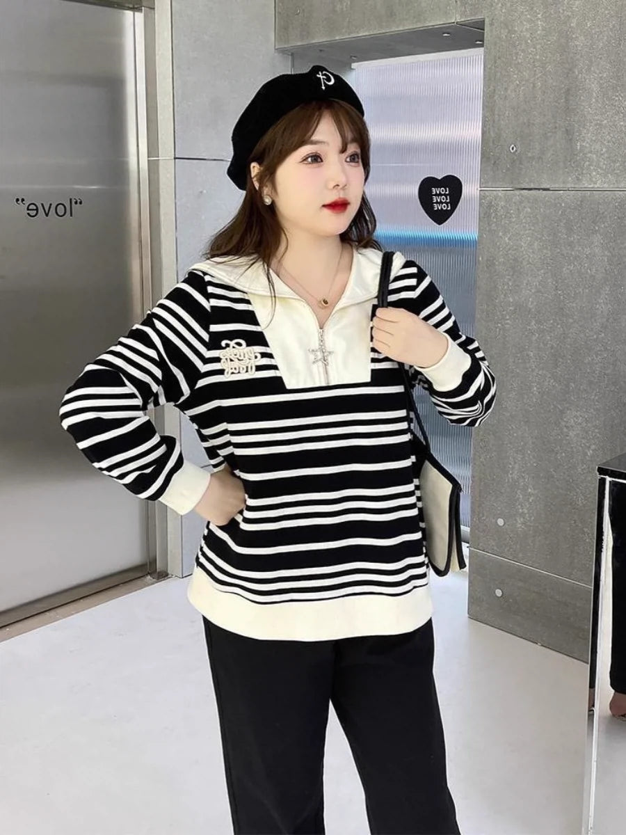 Extra Large Size 150.00kg Plus Size Ladies Embroidered Striped Sweater Coat Autumn Loose Special-Interest Design All-Matching Fat Hiding Top