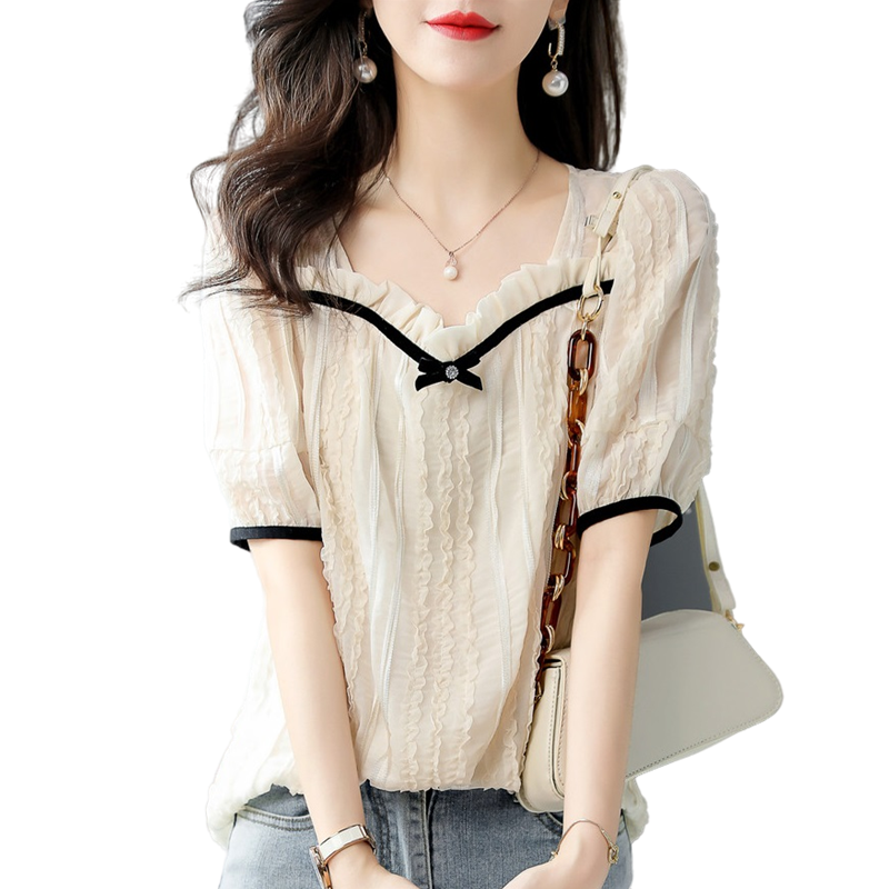 Plus Size 150.00kg Thin Wooden Ear Temperament Shirt Women's Plus Size Ladies Loose Slim Fit Square Collar Younger Short Sleeve T-shirt Top