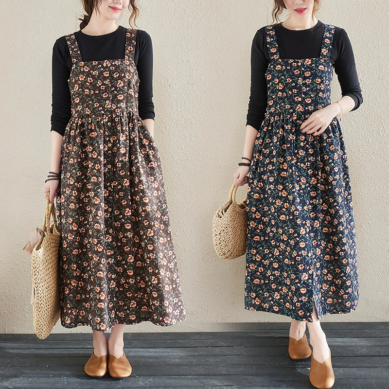 Vintage Cotton Linen Long below the Knee Slimming Sleeveless Suspender Dress