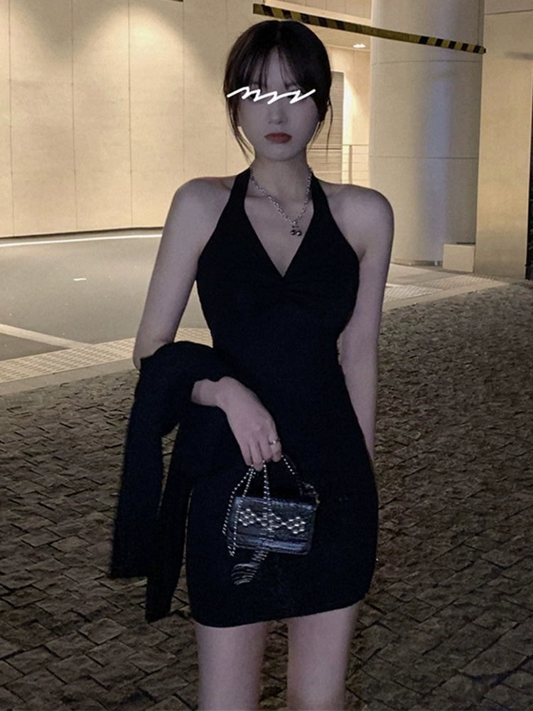 Knitted Korean Style Sense of Design Slim-Fit Black Dress Halter