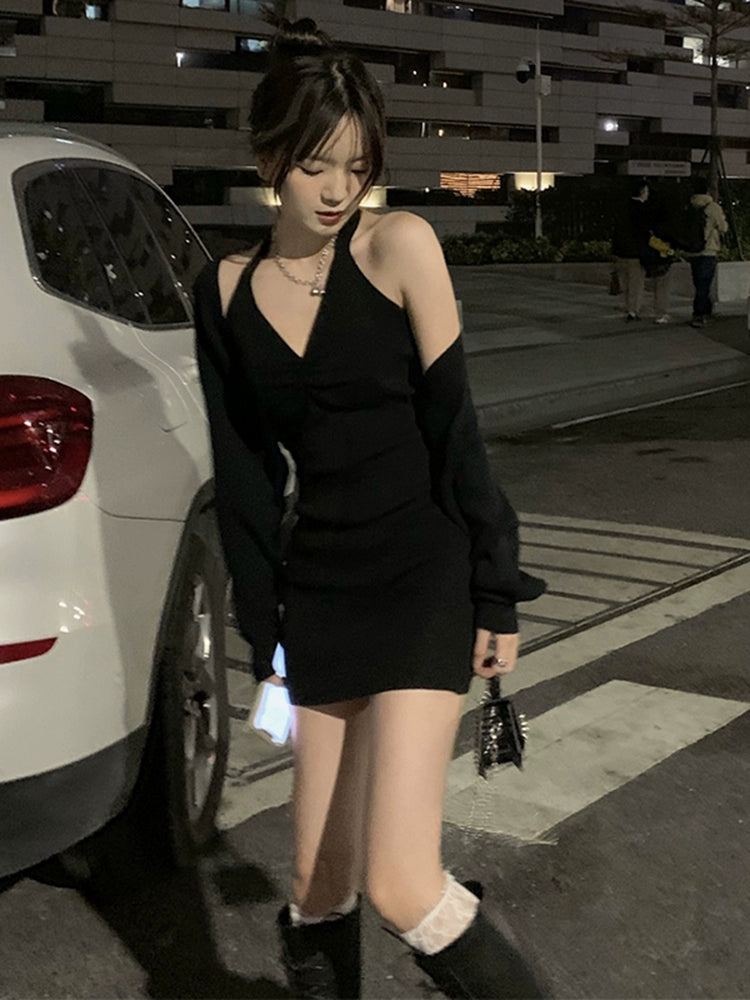 Knitted Korean Style Sense of Design Slim-Fit Black Dress Halter