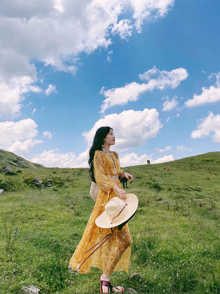 Yellow Midriff Outfit V-neck Vacation Style Chiffon Dress