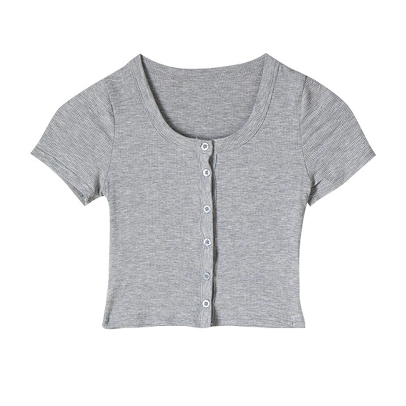 Internet Celebrity Niche Chest-Flattering Instagram-Style Cropped Button-down T-shirt with Short Sleeves
