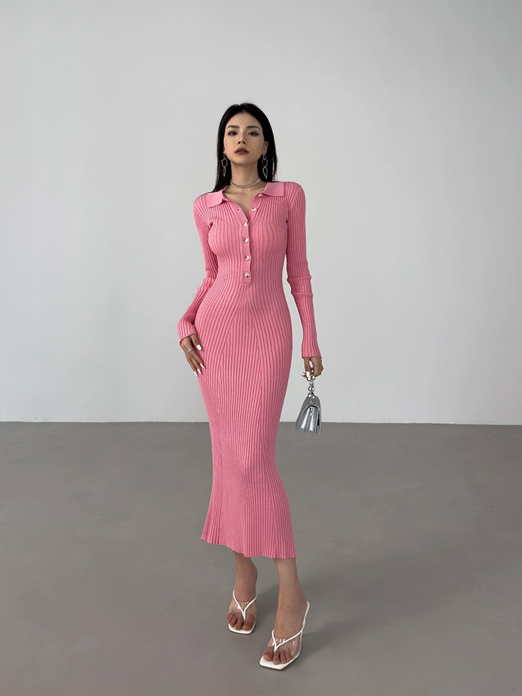 Spring and Autumn French Sexy Sexy Knitted Dress Slimming and Tight Slim Fit Sweater Adult Lady like Woman Hip V Neck Long Dress