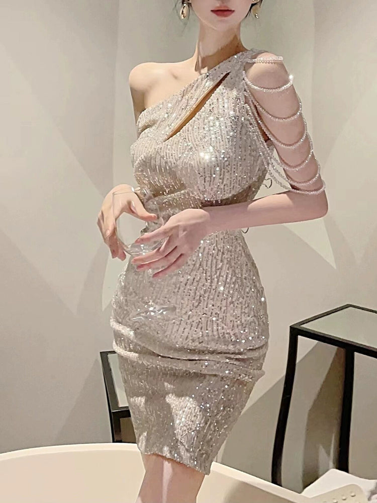 Sloping Shoulder Backless Slim Dress Hip-Wrapped Dress Sequins