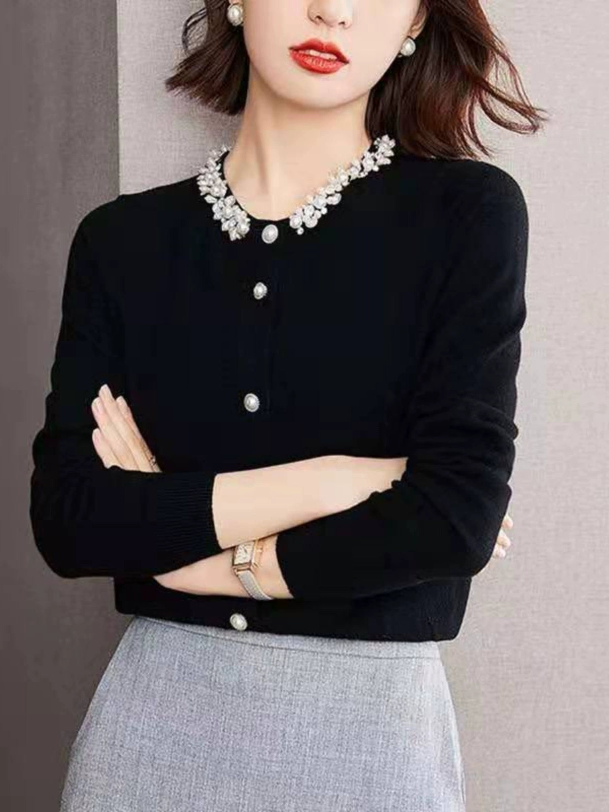 White Collar Girdear New Spring and Autumn Wool Knit Cardigan Beaded