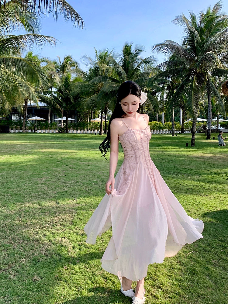 Chiffon Pink Irregular Dress Summer Sling