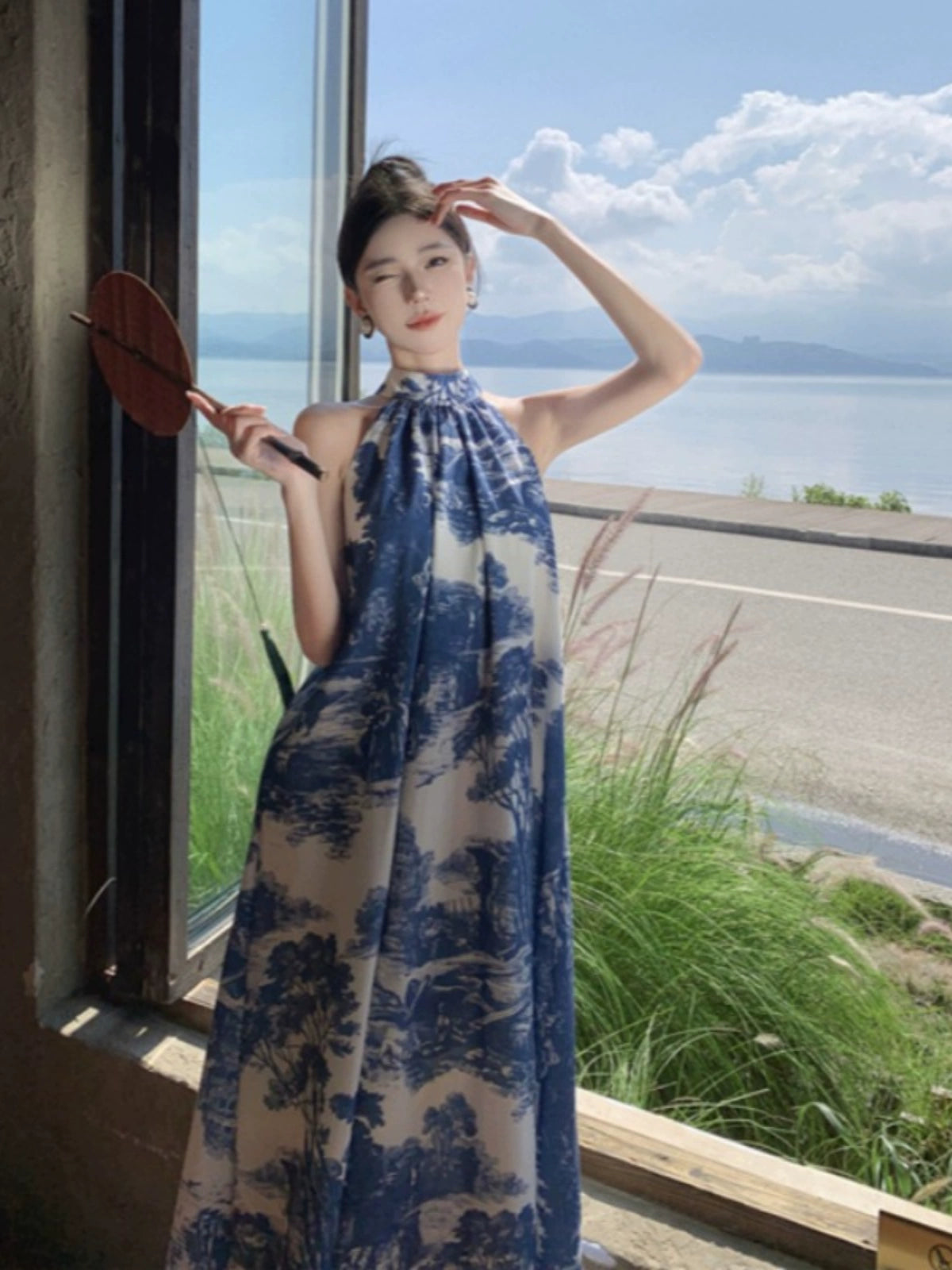 Sanya Loose plus Size Blue and White Porcelain Ink Painting Dress