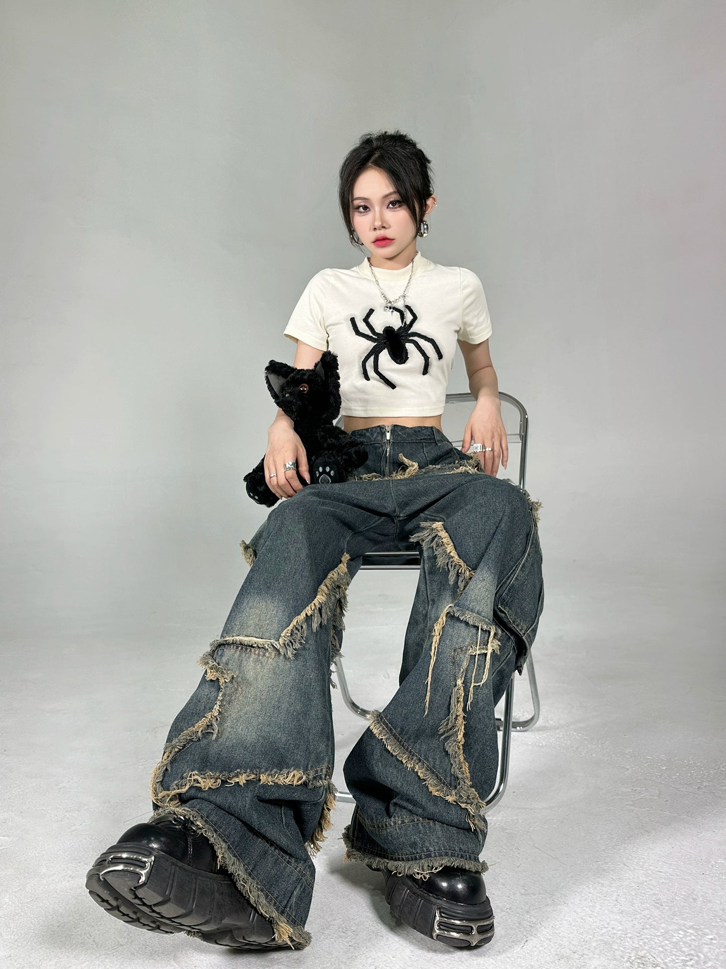 H Gang X Niche Retro Design Wide Leg Jeans Women XINGX Sanding Washed Distressed High Street Pants