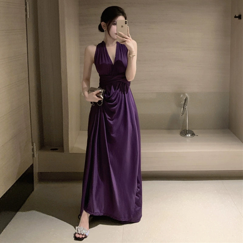 Annual Meeting Dress Banquet Women's Elegant Cross Bare Back Sexy Halter Dress Fancy Seaside Vacation Summer