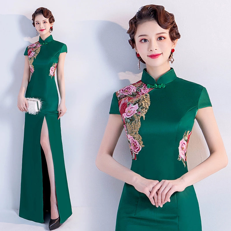Green Chinese-Style Catwalk Wedding Dress Dress and Cheongsam Performance