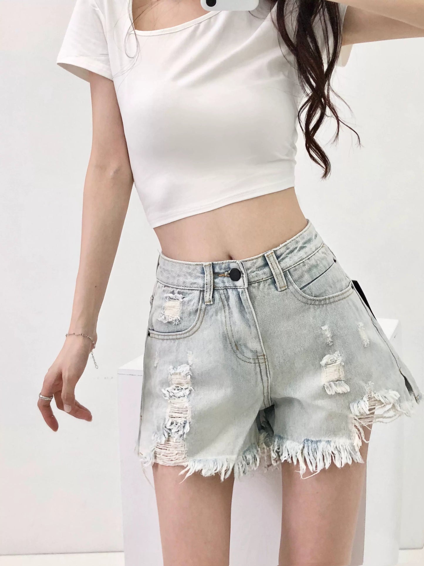 Hot Girls Wear European and American High Waist Light Color Denim Shorts