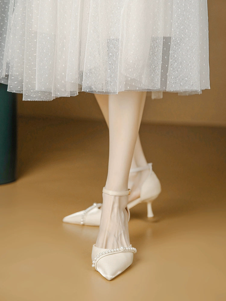 Creamy-white Flats Bridesmaid Small Heel Hollow Closed Toe Sandals