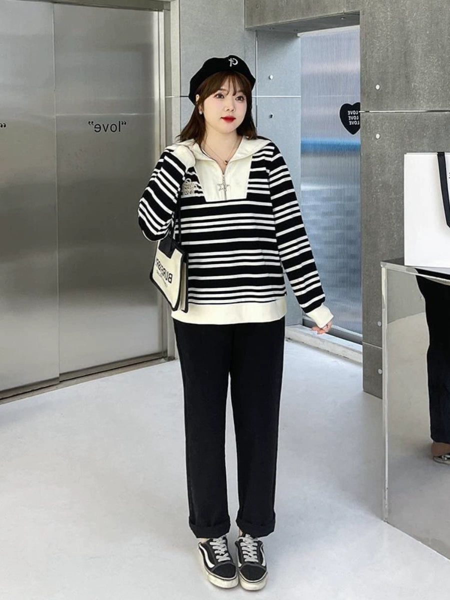 Extra Large Size 150.00kg Plus Size Ladies Embroidered Striped Sweater Coat Autumn Loose Special-Interest Design All-Matching Fat Hiding Top
