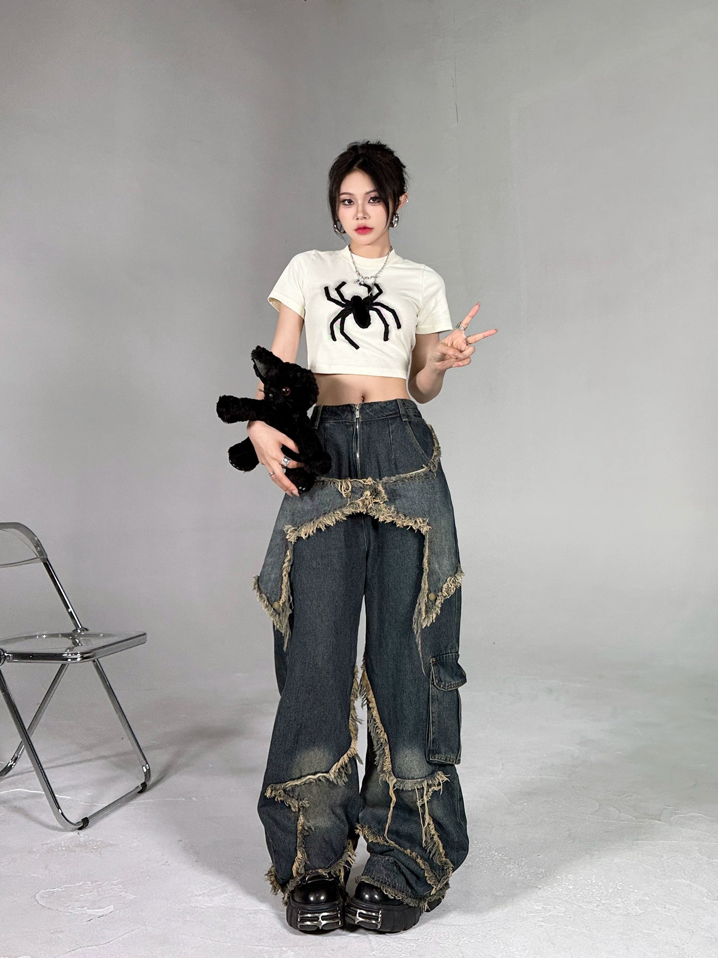 H Gang X Niche Retro Design Wide Leg Jeans Women XINGX Sanding Washed Distressed High Street Pants