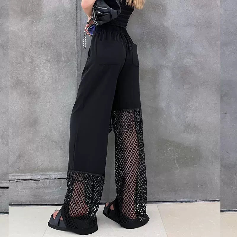 Plus Size 150.00kg Cut Out Mesh Loose Slim Looking Casual Pants Women's Summer Chubby Girl Pants Drooping Straight Wide Leg Pants Ins