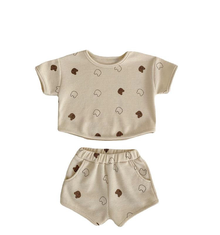 New Male and Female Baby Waffle Bear Suit Summer Infant Casual and Comfortable Short sleeve Shorts Two-piece Set Summer