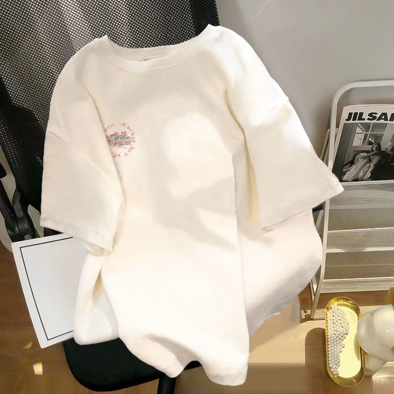 Pure Cotton Loose and Simple Print Top T-shirt with Short Sleeves