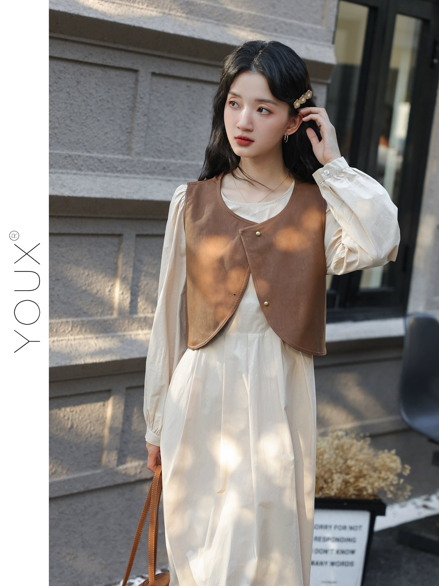 Youx [Border Collie Young Adult] Long Sleeves Dress Women's Autumn Retro Vest round Neck A- line Dress Two-piece Set